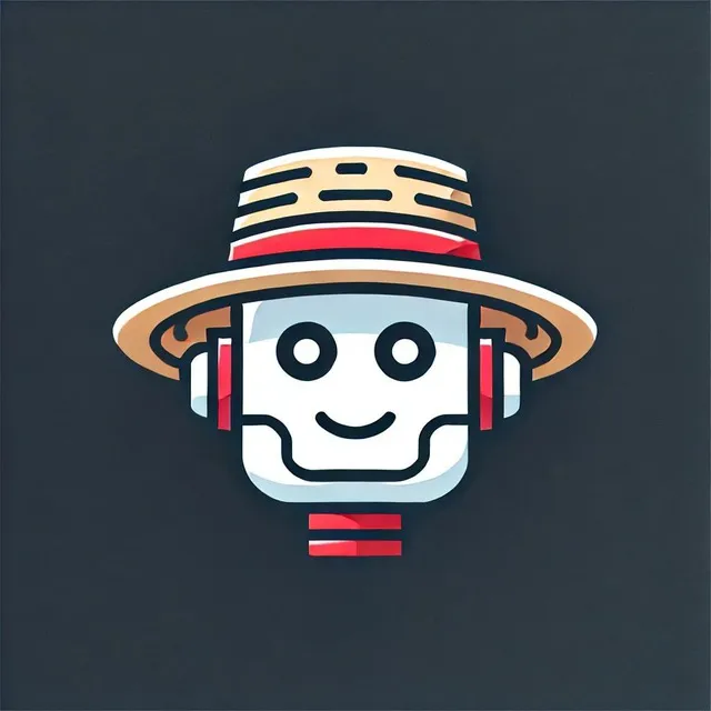 Logo robot kartun dengan topi jerami dan headphone merah